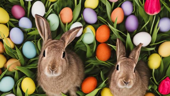 Zwei Hasen auf einer grünen Wiese mit vielen bunten Ostereiern