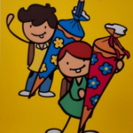 Zwei Comicfiguren mit Schultüte und Schulranze. Symbolbild für Schulanfänger