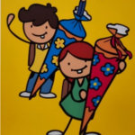 Zwei Comicfiguren mit Schultüte und Schulranze. Symbolbild für Schulanfänger