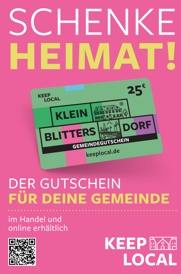 Rosa Plakat mit der Aufschrift "Schenke Heimat- Der Gutschein für deine Gemeinde"