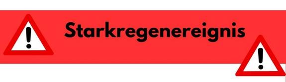 Überschrift "Starkregenereignis" mit zwei Achtungssymbolen