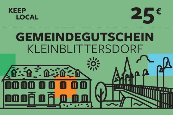 Ein grüner Gutschein mit dem Schriftzug " 25 € Gemeindegutschein Kleinblittersdorf"