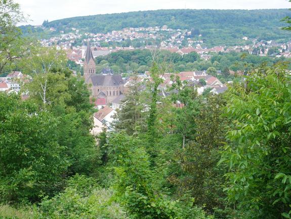Bild der Gemeinde Kleinblittersdorf zwischen Bäume und Hecken und mit Blick auf die französische Gemeinde Grosbliederstroff