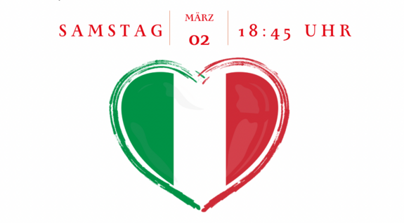 Plakat "Italienischer Abend" in der Mitte, die Italienische Flagge in Herzform und mit Details zur Veranstaltung