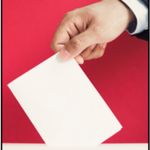 Bild beim Einwerfen eines Stimmzettels in die Urne mit rotem Hintergrund