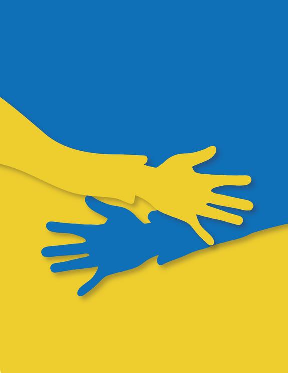 Eine gelbe und eine blaue Hand
