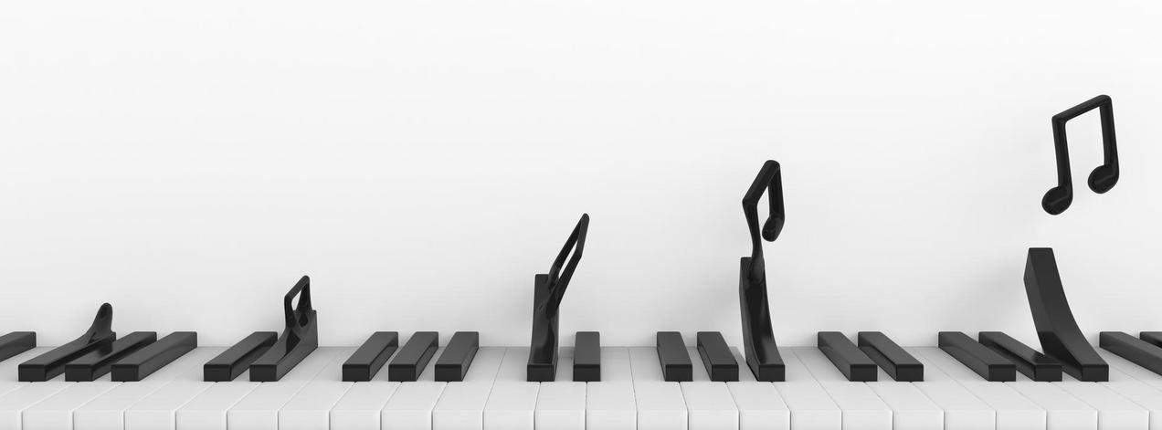 Titelbild: Gedrückte Klaviertasten mit Musiknoten, die in der Luft stehen..