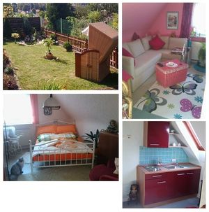 Verschiedene Zimmeransichten: Schlafzimmer mit einem orangenem Bett, Wohnzimmer mit Couch an einer rosa Wand. Ein Blick, in den Garten mit einem Strandkorb auf dem Rasen.